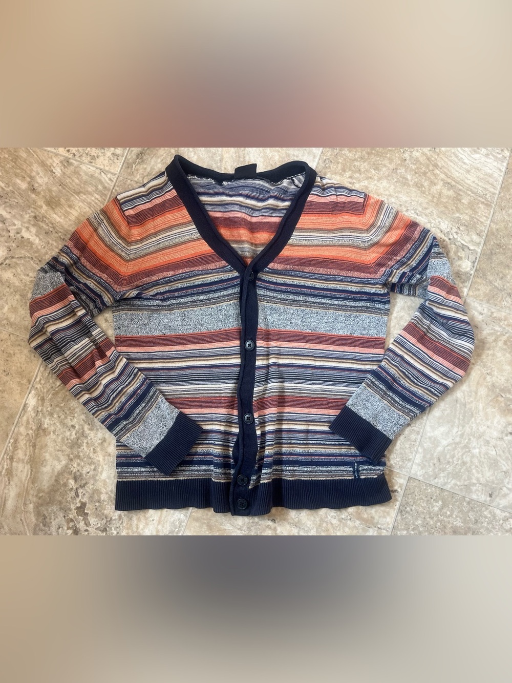 Women’s Armani Exchange Striped V-Neck Button Cardigan Sweater - Navy & Rust